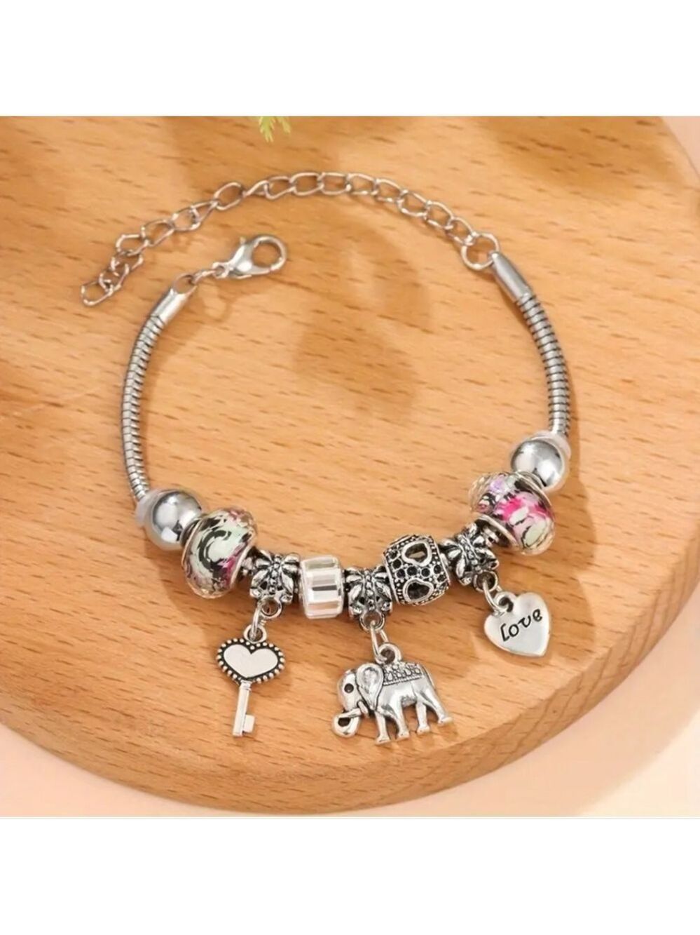 Boho Elephant Key Heart  Floral  Charm Bracelet